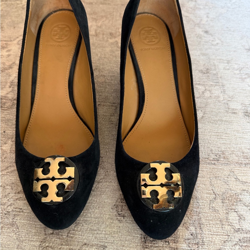 Tory Burch Black Suede Heels with Gold Accent